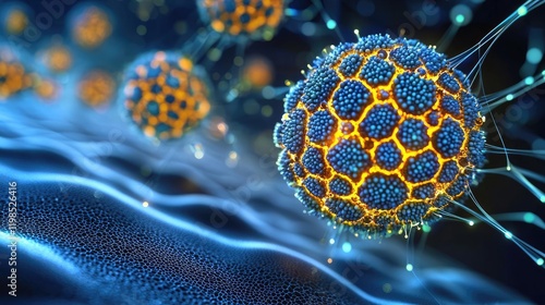 Dust pollution concept. Close-up view of vibrant, glowing cells showcasing intricate patterns and structures.