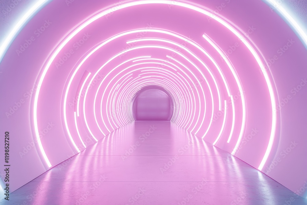 Fototapeta premium Pink neon tunnel with glowing circular lines and reflective floor.