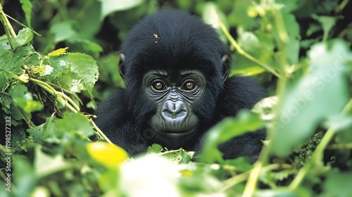 Baby gorilla, gorilla beringei beringei, in the undegrowth or Bwindi Impenetrable Forset, Uganda. This is a memebr of the Muyambi family group. Endangered species. photo