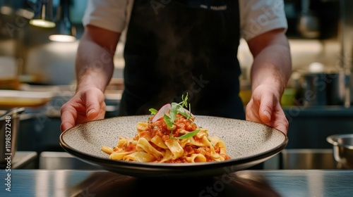 Chef Presenting Delicious Pasta Dish in Restaurant Kitchen photo