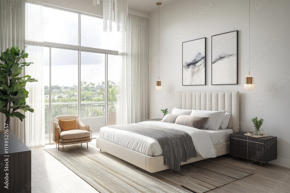Fototapeta premium Modern bedroom minimalist design soft neutral colors, floor-to-ceiling windows with sheer curtains