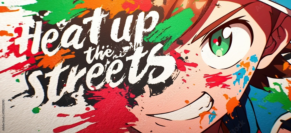 Fototapeta premium Smiling Anime Boy with Paint Splatter and Graffiti Art Text Heat Up the Streets