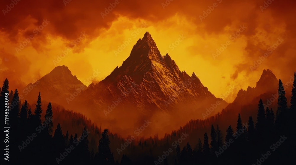 Obraz premium Fiery Mountain Landscape with Silhouetted Pine Forest at Sunset