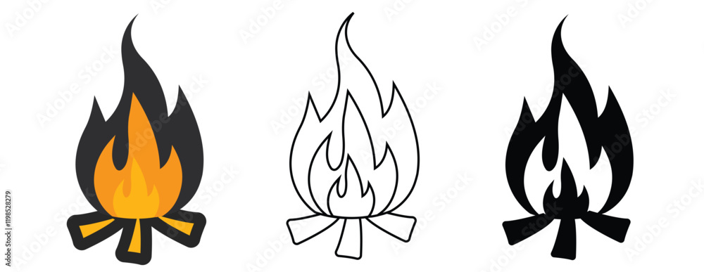 Fototapeta premium Fire flame icon set isolated on white background, perfect for mobile apps, web design, and UI projects.