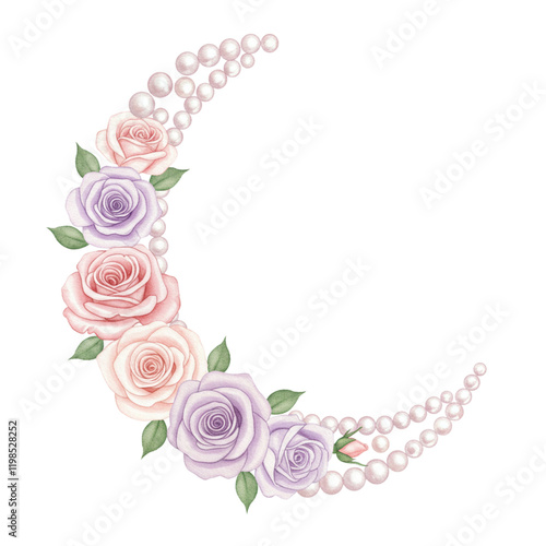 Elegant Pastel Roses Pearl Crescent Design Watercolor Floral Illustration art pink soft light frame image     