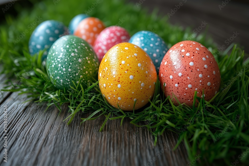 Easter eggs on a wooden floor and grass, Happy Easter concept banner with copy space. Top view design for spring, template, card, poster, ads. Easter eggs on a wooden floor and grass, Happy Easter concept banner with copy space. Top view design for spring, template, card, poster, ads.