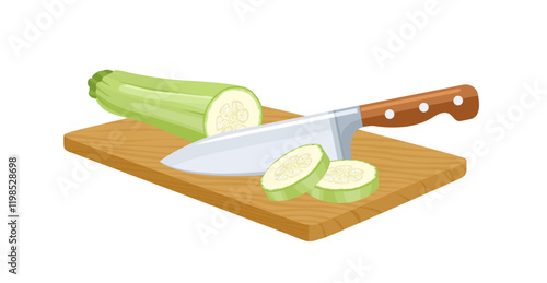 Sliced zucchini with knife on cutting board. Cooking concept. Vector cartoon illustration of fresh vegetables.
