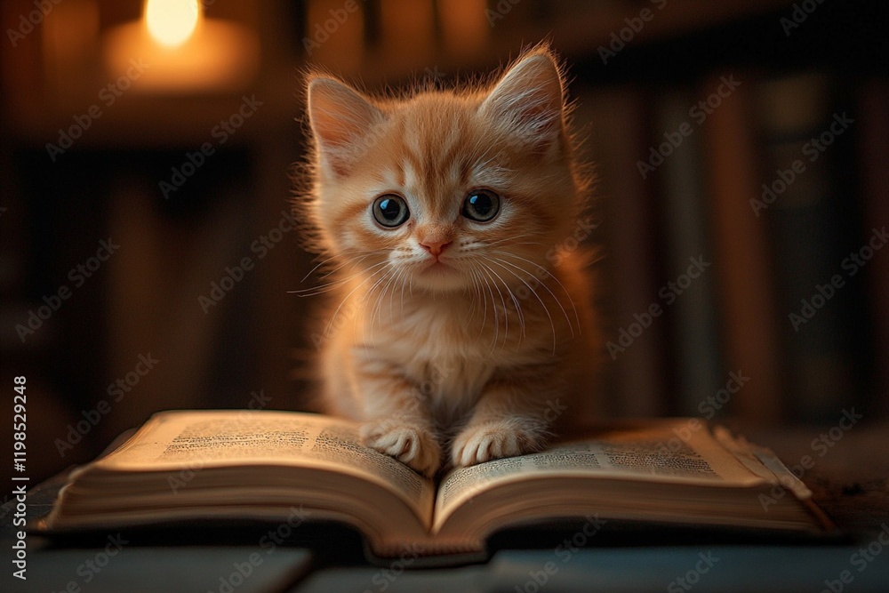 Cute Kitten with Book in Cozy Setting Cute Kitten with Book in Cozy Setting