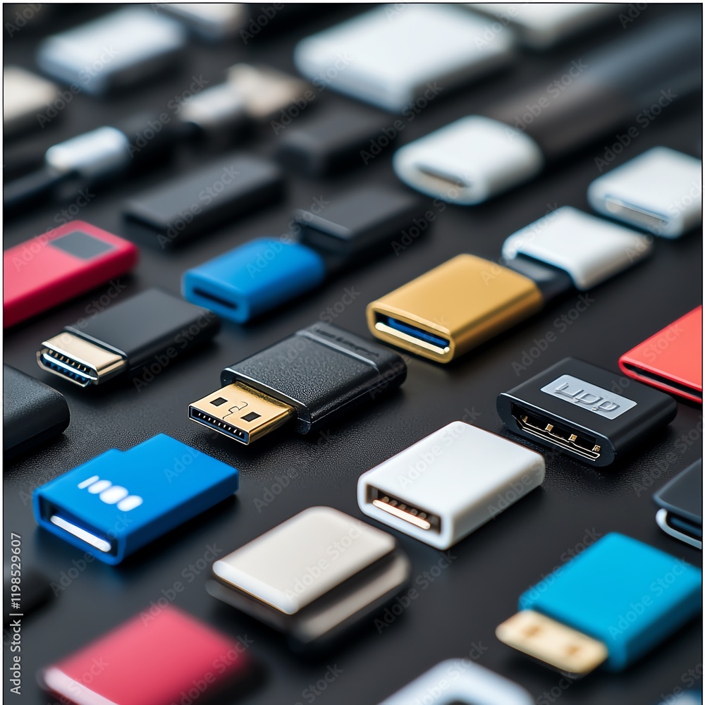 Fototapeta premium Collection of Various Types of Connectors and Adapters Displayed on a Black Surface