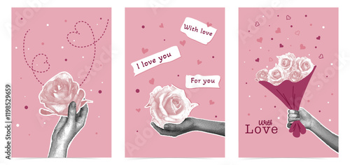 Set of trendy halftone collages. Postcards in collage style for Valentine's Day March 8. Image of hands with roses and bouquet of halftone roses. Fashionable retro collage from the 80's. photo