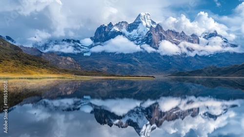 Uma montanha imponente refletida em um lago sereno, com nuvens escuras ao fundo, representando momentos. photo