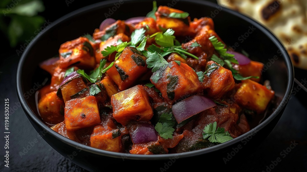 Fried paneer butter masala garnished in a frying pan, closeup Fried paneer butter masala garnished in a frying pan, closeup