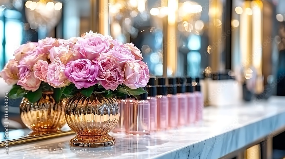 Fototapeta premium Elegant floral arrangement with perfume bottles luxury spa photography indoor close-up beauty aesthetics