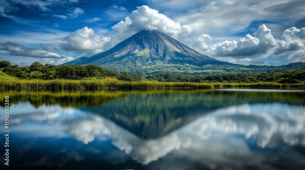 Uma montanha imponente refletida em um lago sereno, com nuvens escuras ao fundo, representando momentos. Uma montanha imponente refletida em um lago sereno, com nuvens escuras ao fundo, representando momentos.
