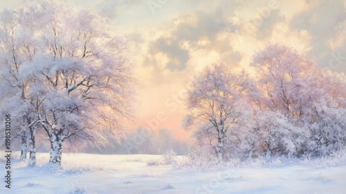 Wallpaper Mural Serene Winter Landscape Pastel-Toned Oil Painting of Frosty Trees and Snowy Field at Sunrise Torontodigital.ca