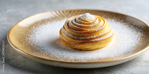 A Delicate Pastry Shaped Like a Rose, Dusted with Powdered Sugar on a Plate photo