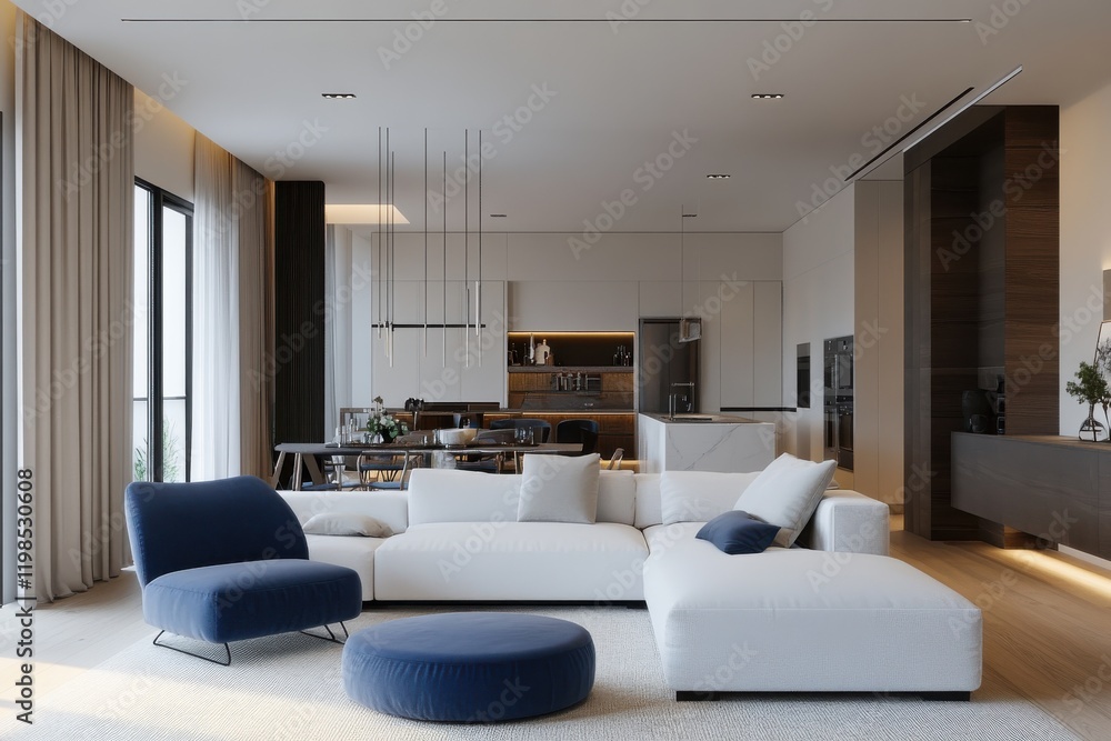 Fototapeta premium Modern living room minimalist design, white sofa cozy ambiance, neutral tones wooden coffee table