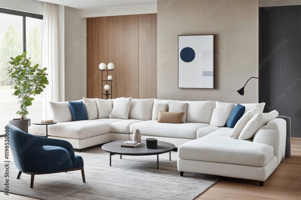 Modern living room minimalist design, white sofa cozy ambiance, neutral tones wooden coffee table Modern living room minimalist design, white sofa cozy ambiance, neutral tones wooden coffee table