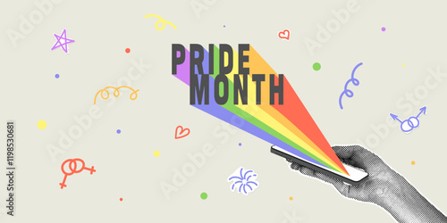 Trendy halftone collage. Pride month theme collage. Halftone hand with phone and fly out rainbow lettering. Collage with cut out paper elements and doodles for LGBT event design. Trendy retro collage.