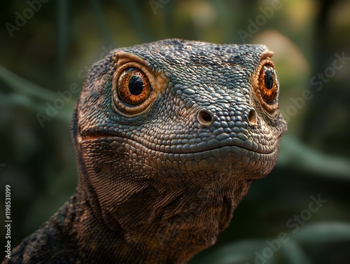 A captivating close-up shot of a lizard, showcasing its intricate scales and expressive eyes. The image captures the reptile's curious gaze in stunning detail.