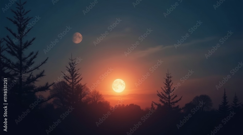 A beautiful moonrise over a silhouette of trees, casting a soft glow A beautiful moonrise over a silhouette of trees, casting a soft glow