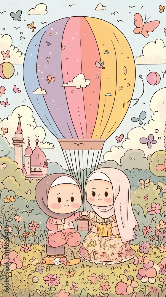 Two Cute Girls in Hijabs Riding in a Pastel Hot Air Balloon over a Garden Two Cute Girls in Hijabs Riding in a Pastel Hot Air Balloon over a Garden