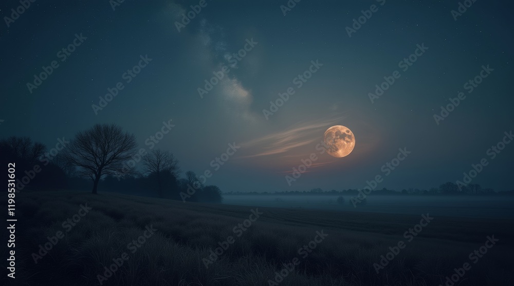 A stunning Worm Moon rising over a tranquil landscape A stunning Worm Moon rising over a tranquil landscape