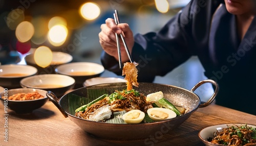 Faceless man eat Nakji Bokkeum in restaurant with bokeh background. Korean Food. photo