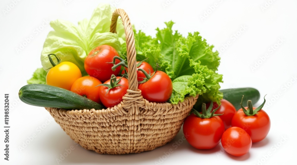 Close-up of a straw basket overflowing with colorful produce like tomatoes, lettuce, and cucumbers, isolated on a clean white background. Close-up of a straw basket overflowing with colorful produce like tomatoes, lettuce, and cucumbers, isolated on a clean white background.