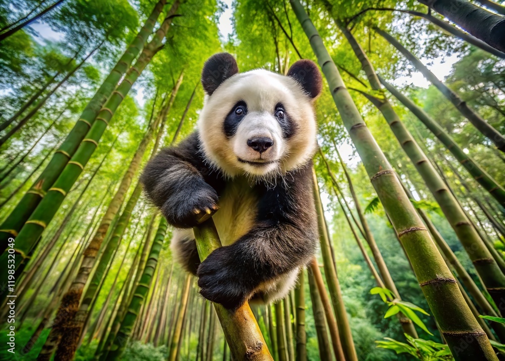 Obraz premium Clumsy Panda Descent: Panoramic Photo of Giant Panda Climbing Down Tree