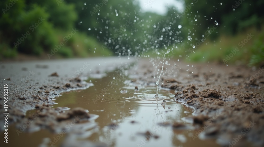 Fototapeta premium Close-up of muddy puddles with raindrops splashing