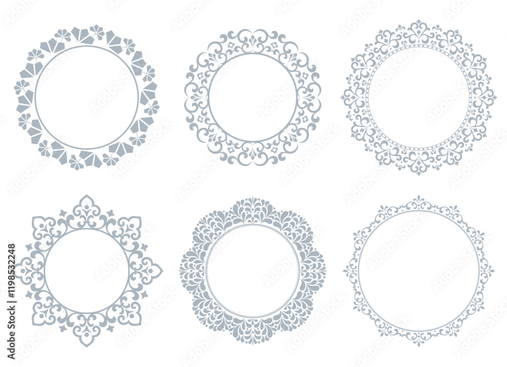 Set of decorative frames Elegant vector element for design in Eastern style, place for text. Floral gray and white borders. Lace illustration for invitations and greeting cards