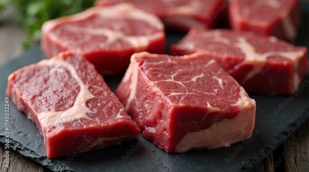 Close-up of perfectly marbled local meat cuts, featuring both beef and pork, arranged on a dark slate board with a clean, premium presentation. Close-up of perfectly marbled local meat cuts, featuring both beef and pork, arranged on a dark slate board with a clean, premium presentation.