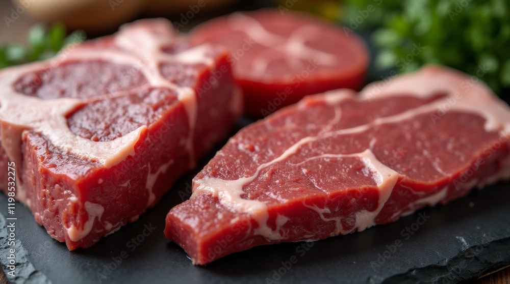 Close-up of perfectly marbled local meat cuts, featuring both beef and pork, arranged on a dark slate board with a clean, premium presentation. Close-up of perfectly marbled local meat cuts, featuring both beef and pork, arranged on a dark slate board with a clean, premium presentation.