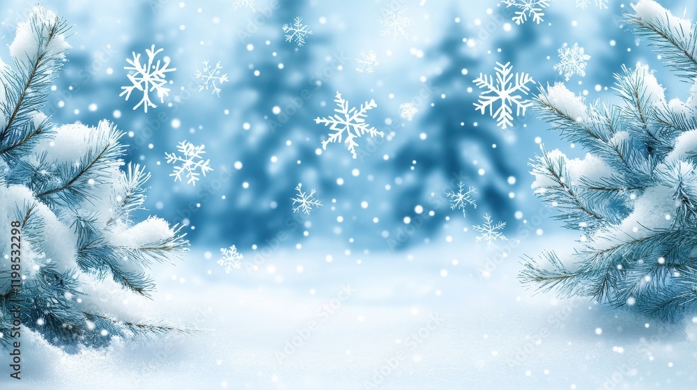 Serene Winter Scene with Snow-Covered Pine Branches and Falling Snowflakes. Serene Winter Scene with Snow-Covered Pine Branches and Falling Snowflakes.