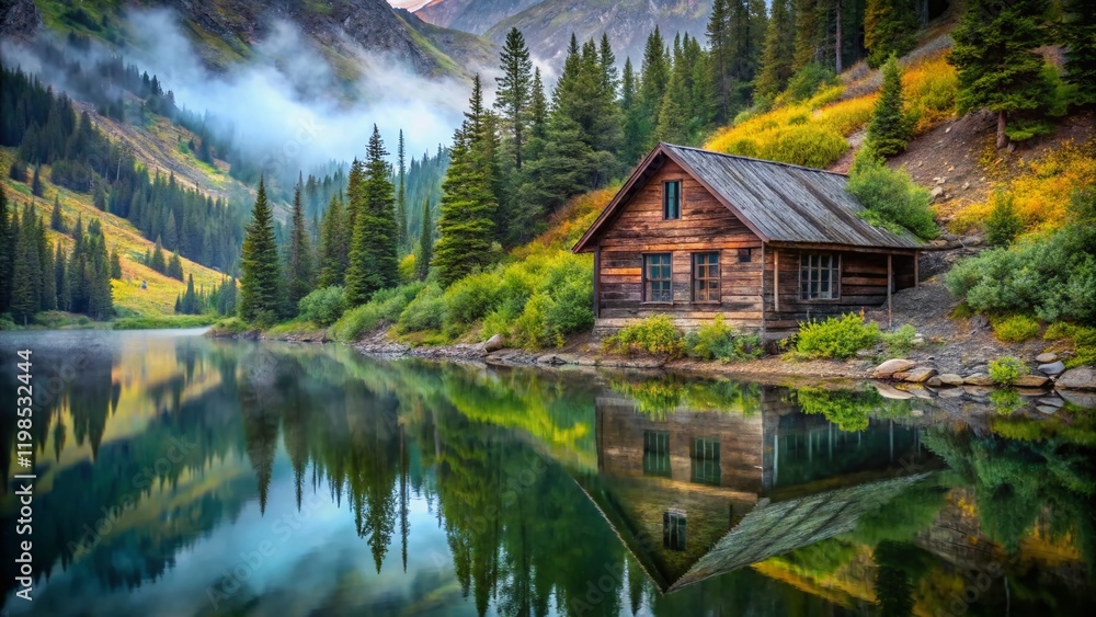 Fototapeta premium Colorado Mountain Lake Urban Exploration: Abandoned Cabin Reflection