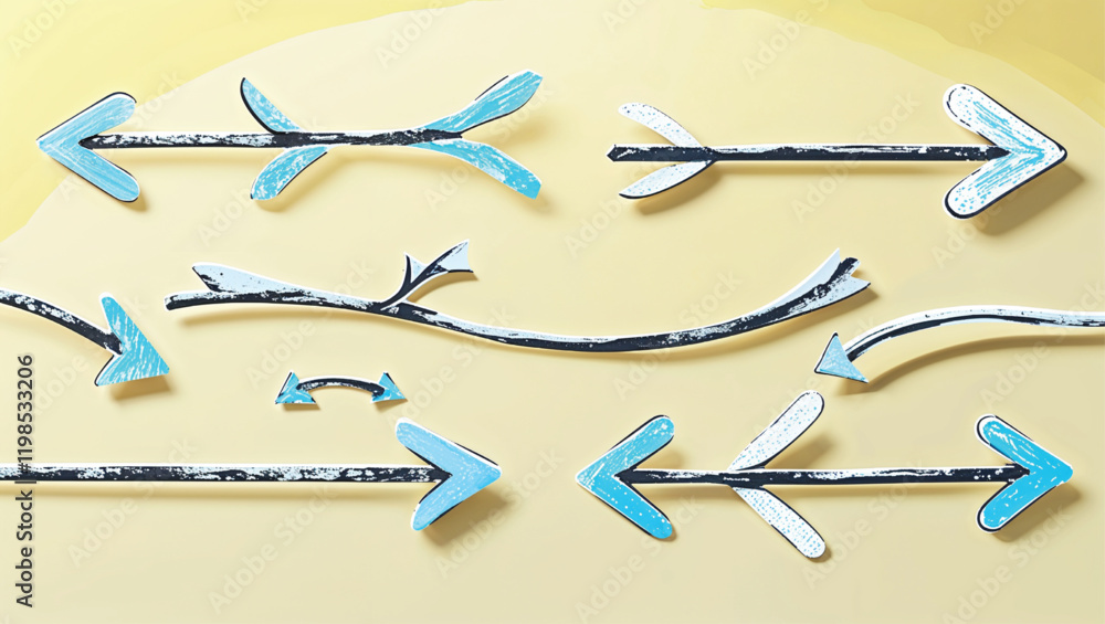 A transparent series of hand-drawn chalk arrows with playful curves and sharp turns, featuring a light pastel yellow background, visually balanced and soft, 32k, full ultra HD, (10).eps