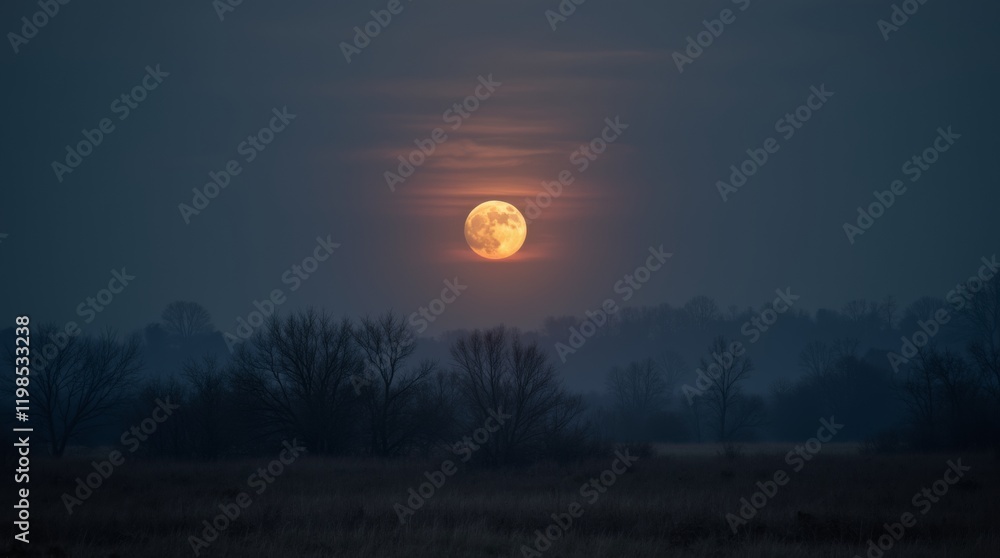 The full moon in March rising over a quiet landscape The full moon in March rising over a quiet landscape