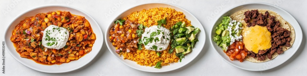 Three variations of a Mexican-inspired bowl with rice, meat, cheese, and vegetables. Three variations of a Mexican-inspired bowl with rice, meat, cheese, and vegetables.