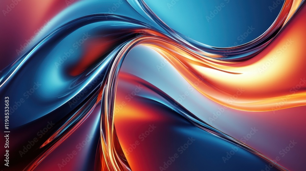 Obraz premium Abstract Swirling Liquid Metal Texture Blue, Red, and Orange Hues - Dynamic Background Image