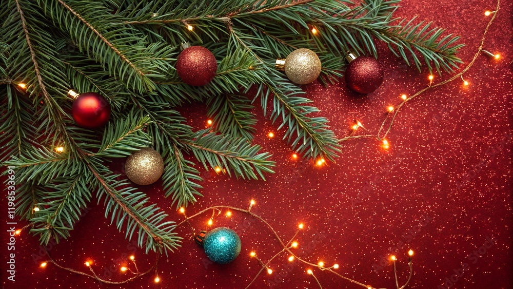 Fir branches with Christmas balls on glittering red background with winter holiday lights Fir branches with Christmas balls on glittering red background with winter holiday lights