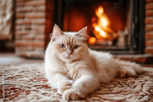 Cream point Birman cat peacefully lounges by a fireplace