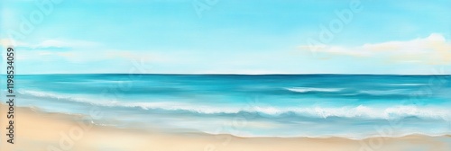 Serene Coastal Scene  Acrylic Painting of Ocean Waves on Sandy Beach Under a Bright Blue Sky photo