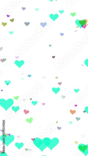 Colorful hearts loop motion on white vertical background.