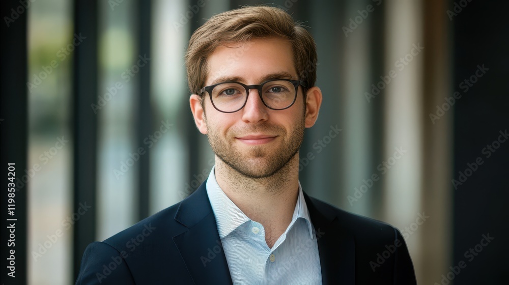 Fototapeta premium Confident Young Professional Man in Suit with Glasses, Head and Shoulders Portrait.