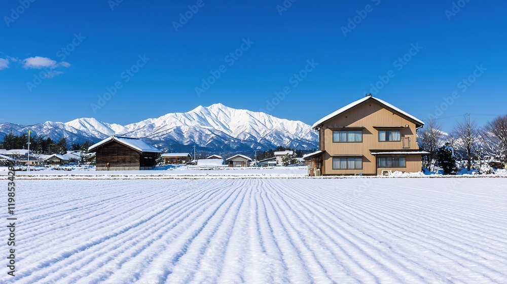 Winter serenity snow-covered japanese countryside rice fields beautiful landscape tranquil environment Winter serenity snow-covered japanese countryside rice fields beautiful landscape tranquil environment