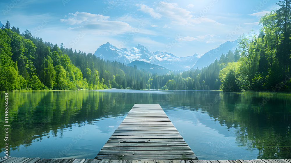Tranquil Lake with Reflective Waters, Surrounded by Dense Forests and Snow-capped Mountains Under a Clear Sky Tranquil Lake with Reflective Waters, Surrounded by Dense Forests and Snow-capped Mountains Under a Clear Sky