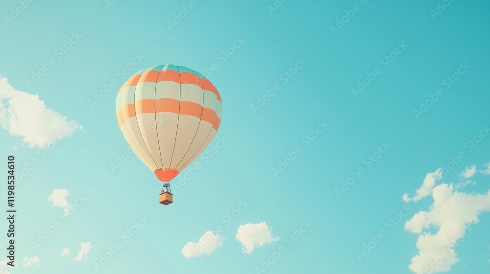 Fototapeta premium Vintage Hot Air Balloon Soaring in a Clear Teal Sky with Soft Clouds.