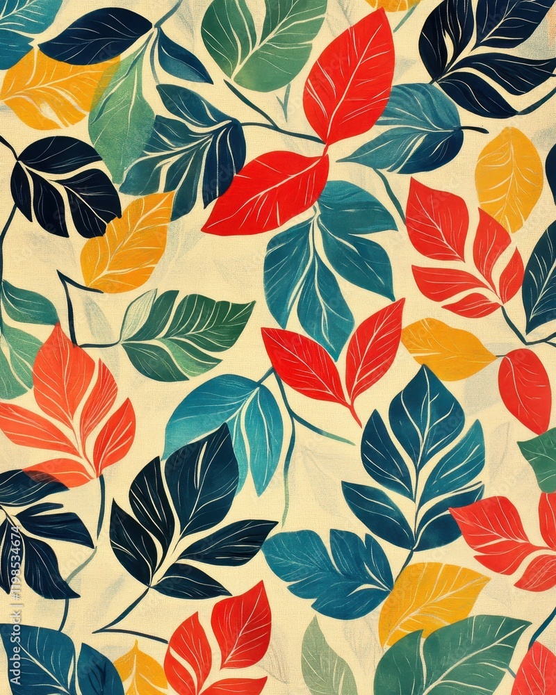 Fototapeta premium Vibrant Retro Leaf Pattern Bold Colored Leaves on Textured Background.