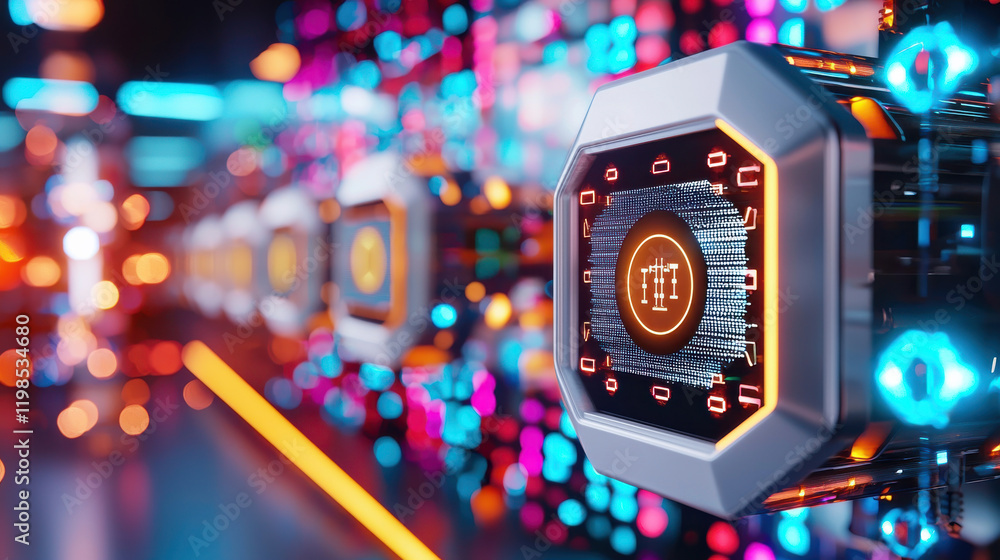 Naklejka premium Futuristic technology display with glowing circuits and vibrant colors. This showcases high tech environment featuring intricate designs and illuminated elements, creating captivating atmosphere